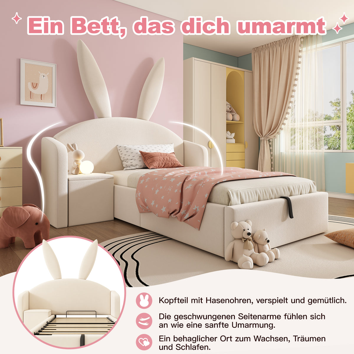 Bunny Ear Kids Bed 90x190cm, Hydraulic Storage, Beige Velvet