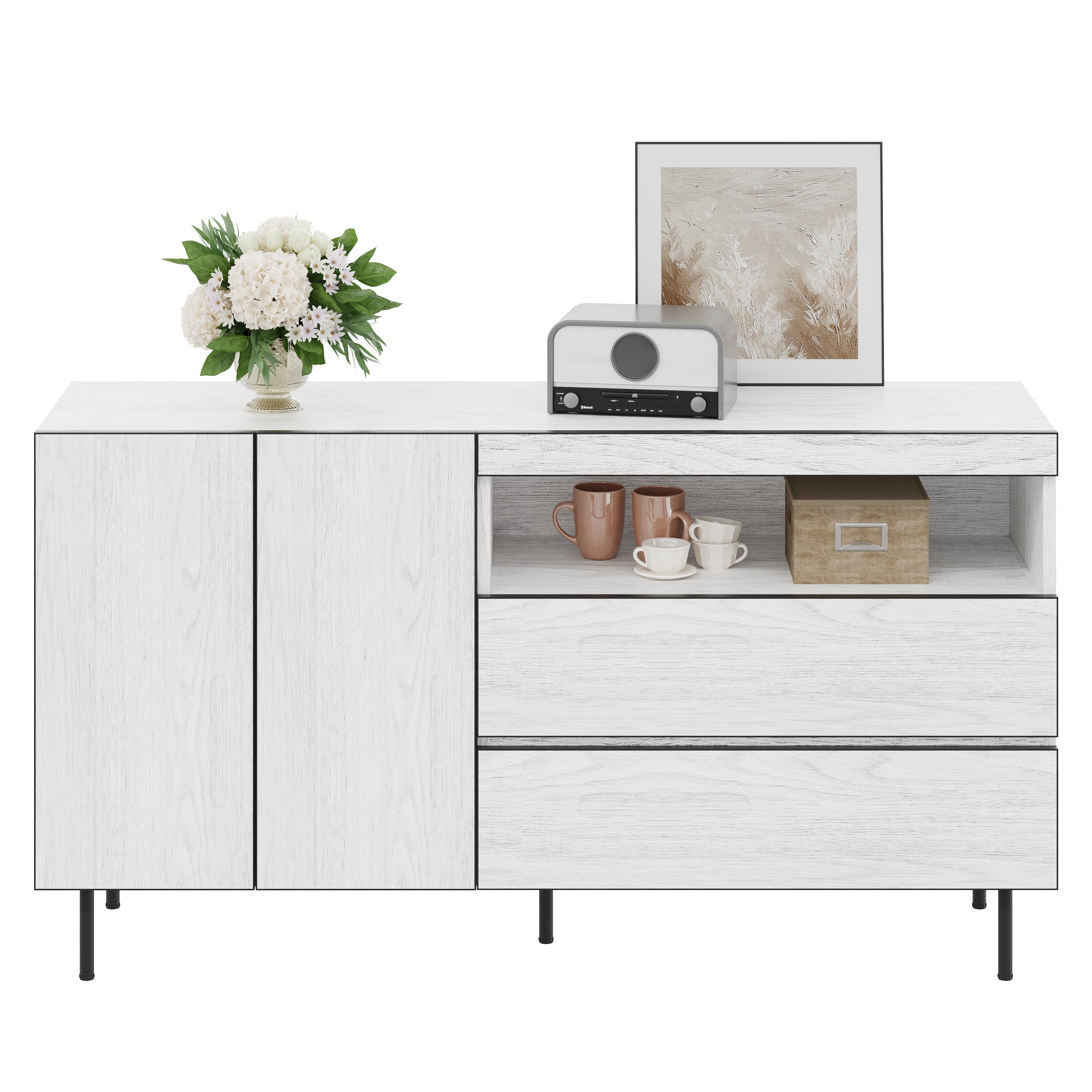 Minimalist Sideboard with Double Doors, Double Drawers and Open Shelves, White MDF