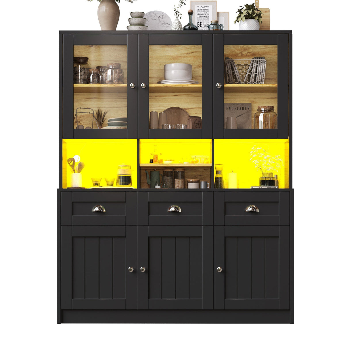 Tall Kitchen Cabinet 140x40x175cm Display Buffet Adjustable Shelves LED - White/Black