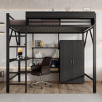 Iron Loft Bed with Desk, Storage and Wardrobe, Black Iron and MDF, 140x200cm