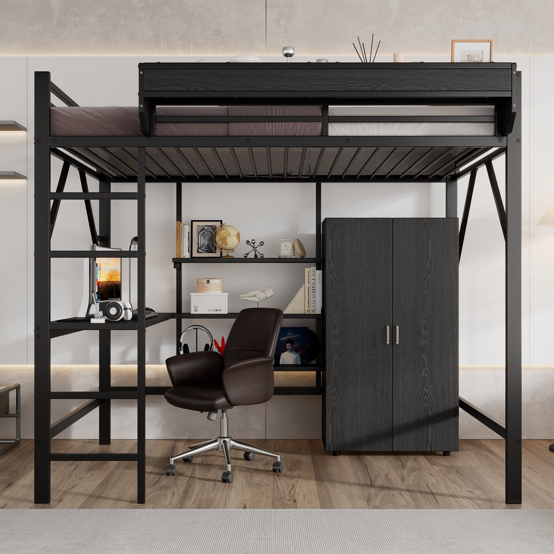 Iron Loft Bed with Desk, Storage and Wardrobe, Black Iron and MDF, 140x200cm