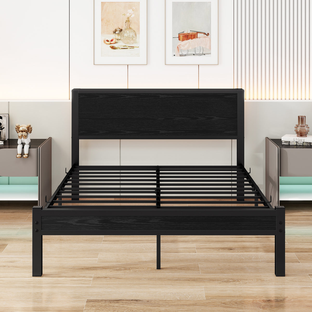 Single Metal Platform Bed Frame with Storage, 120x200cm, Vintage Black