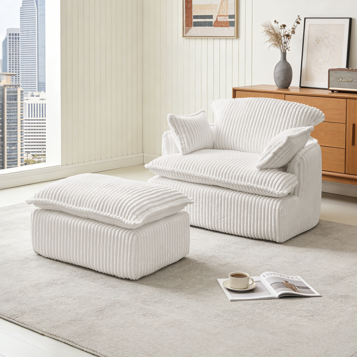 Cloud Sofa Armchair with Footstool, Compact Convertible Armchair for Small Spaces, Soft Corduroy Fabric