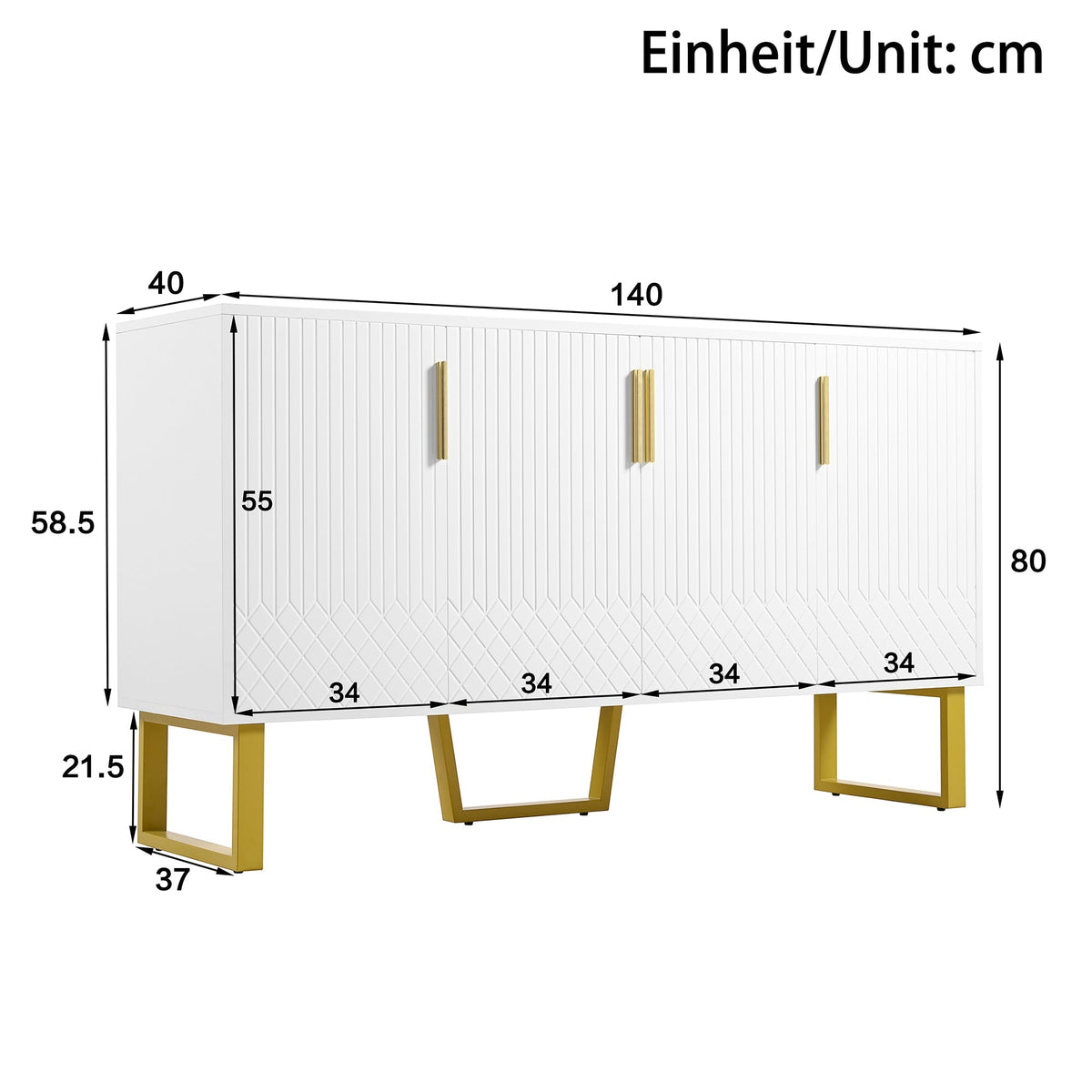 High-gloss Sideboard, 4 Doors, Metal Handles & Legs, White