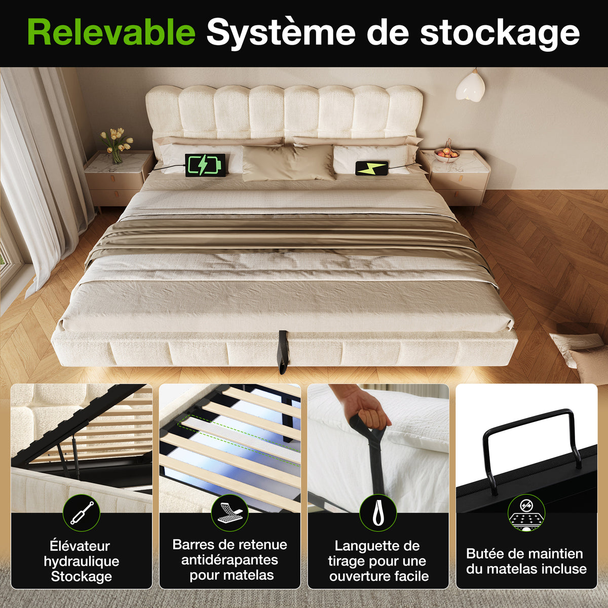 Upholstered Bed 140x190cm, Hydraulic Storage & LED, Beige Chenille