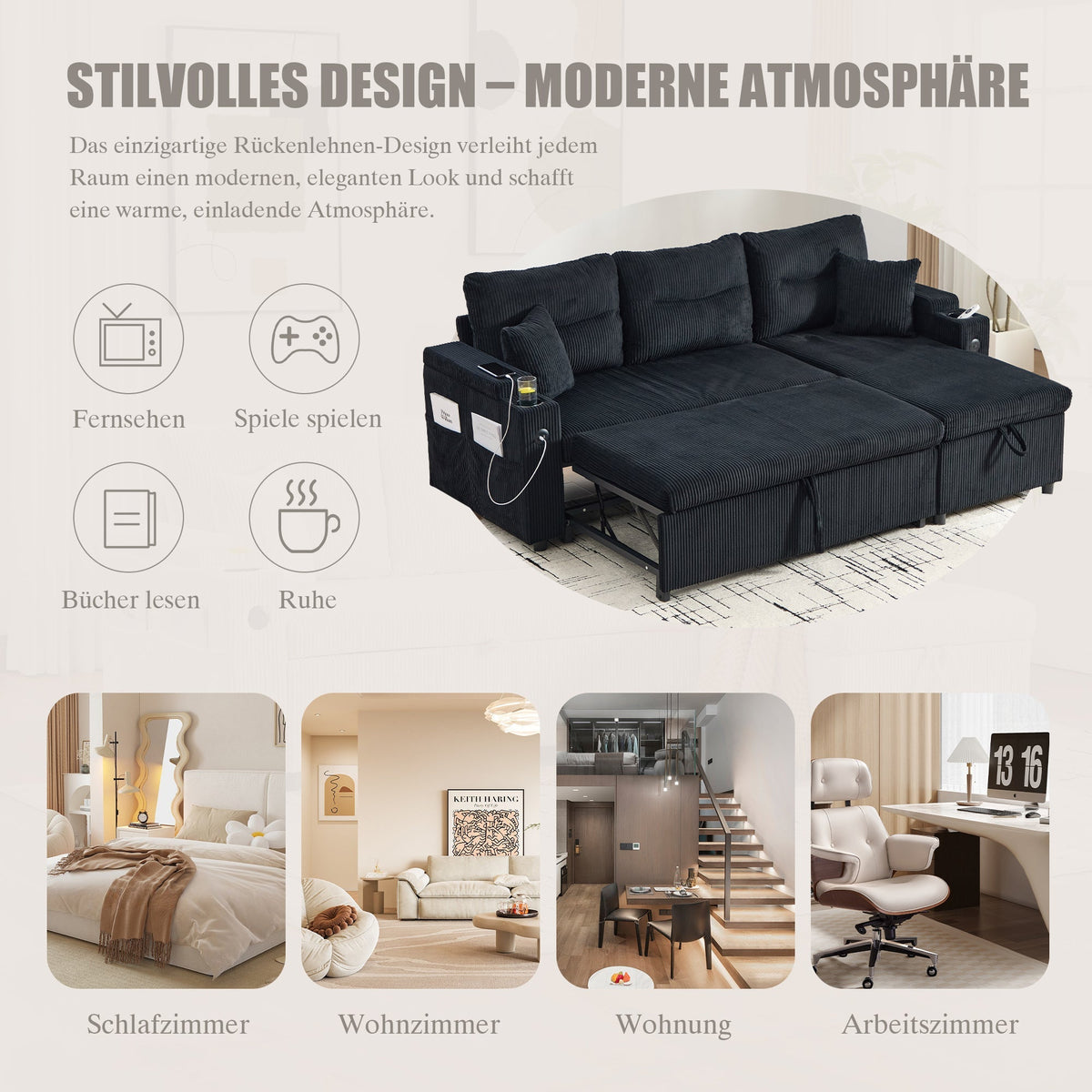 3-Seater Corduroy Sofa Sleeper Hydraulic Chaise Storage Cup Holders USB-C Corduroy