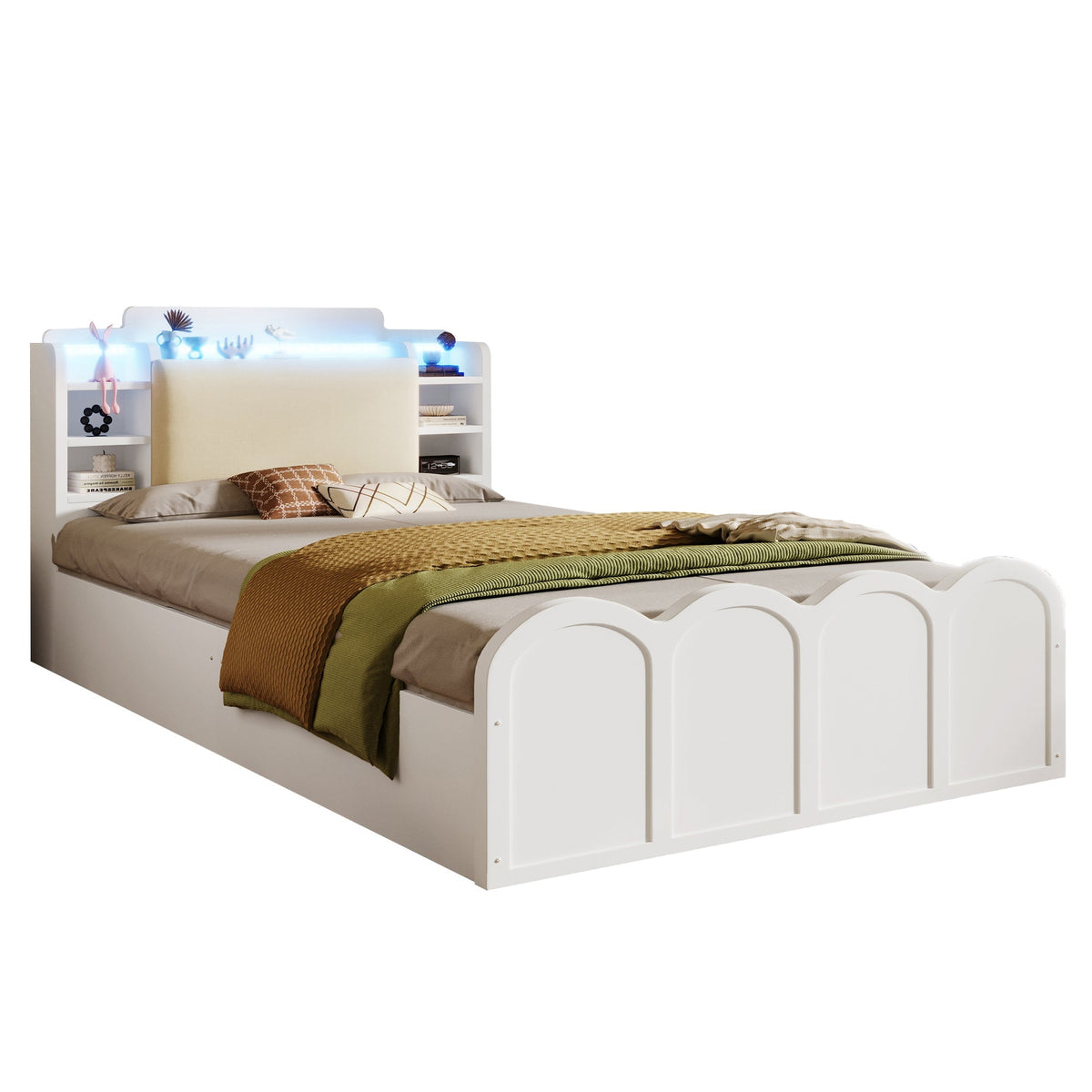Panel Bed 90x200cm Hydraulic Storage USB-C Charging LED Multifunctional White