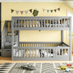 Bunk Bed 140x200 with Safety Stairs & Drawers, Grey Wood
