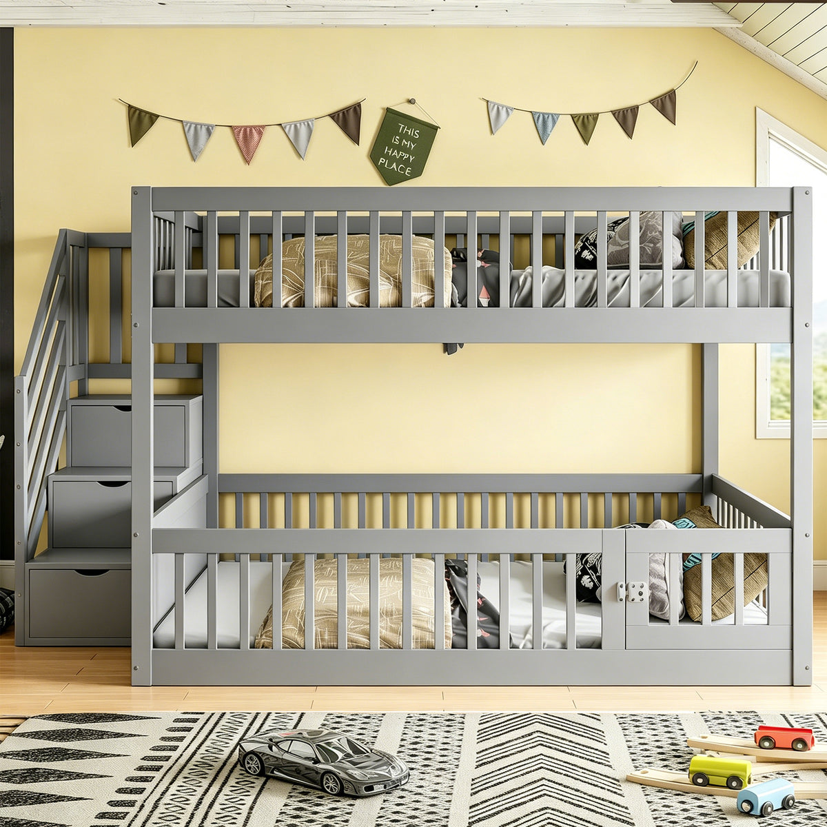 Bunk Bed 140x200 with Safety Stairs & Drawers, Grey Wood