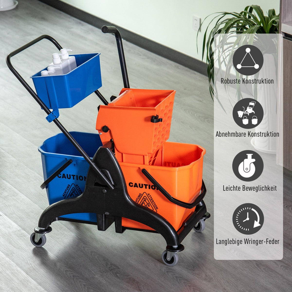 Cleaning Trolley Professional Jaw Press 2 Buckets Storage, Orange Blue