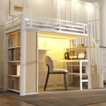 Loft Bed 90x200cm with Desk, Storage & LED Light - White Iron Frame