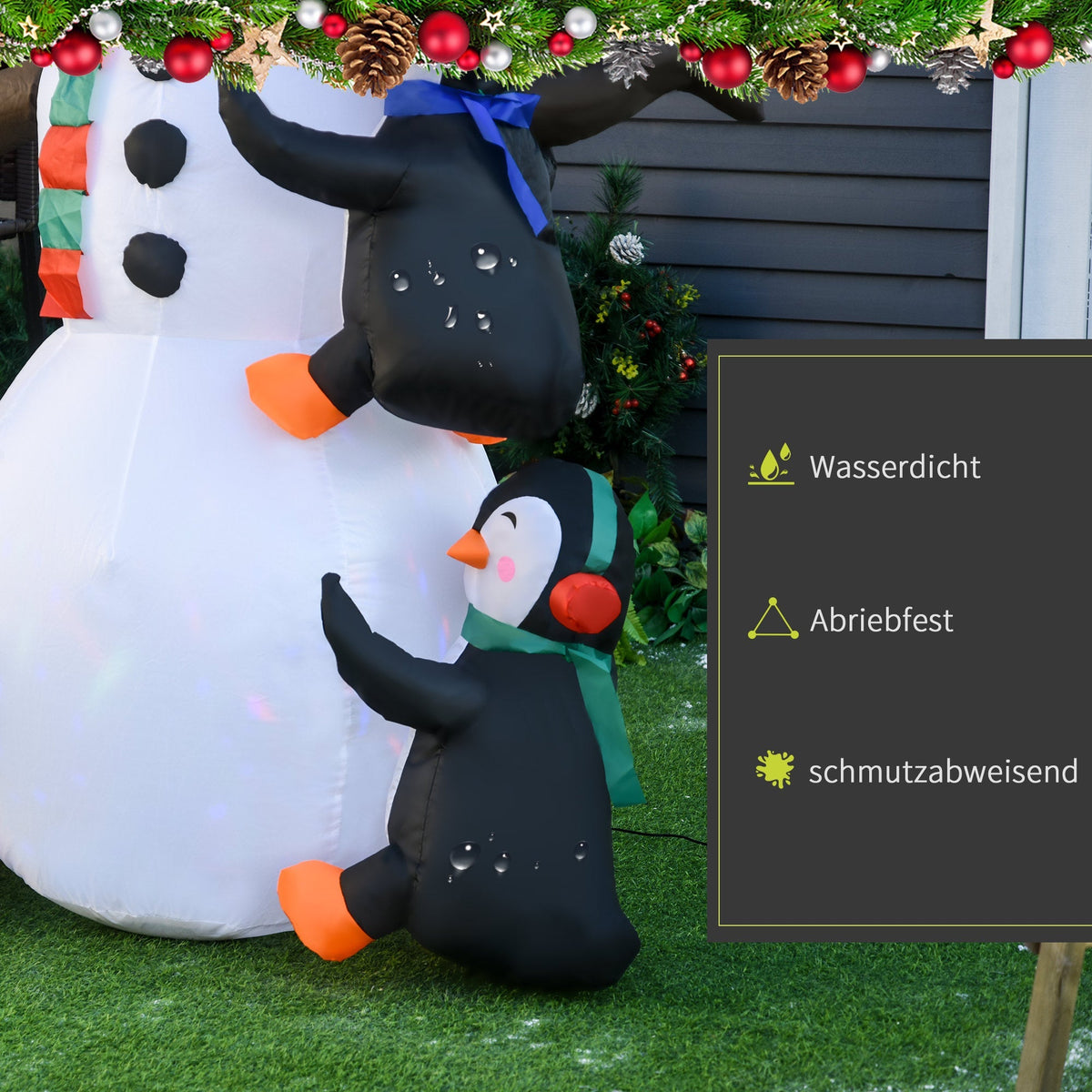 Inflatable Snowman with 3 Penguins, LED Lighting, Polyester