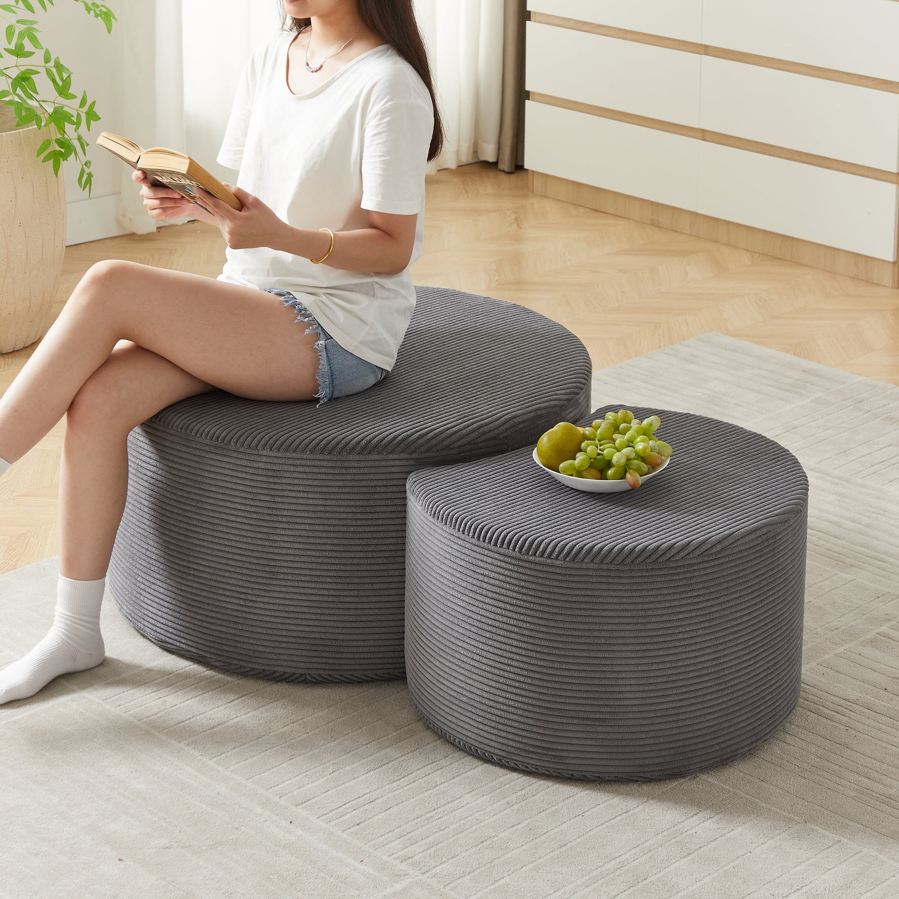 Coffee Table Set, 2-Piece Upholstered Round Foam