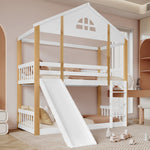 Bunk Bed with Slide & Ladder, House Bed with Fences, Solid Wood, White+Natural, 90x200cm