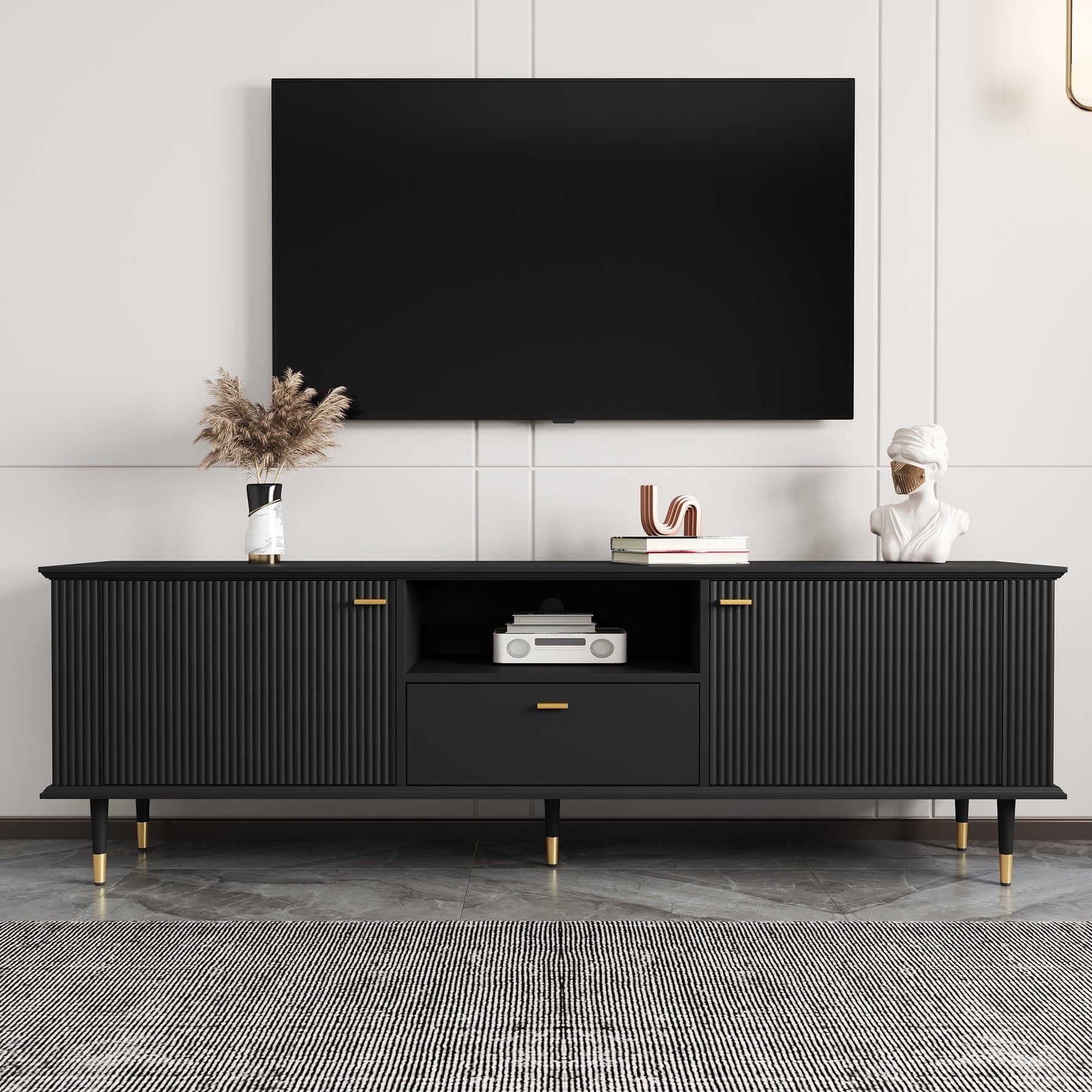 TV Cabinet with Open Compartments, Drawers and Soft-Close Hinges, Lacquered Textured Surface