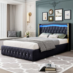 Upholstered Double Bed with LED Lights and Hydraulic Storage, Velvet
