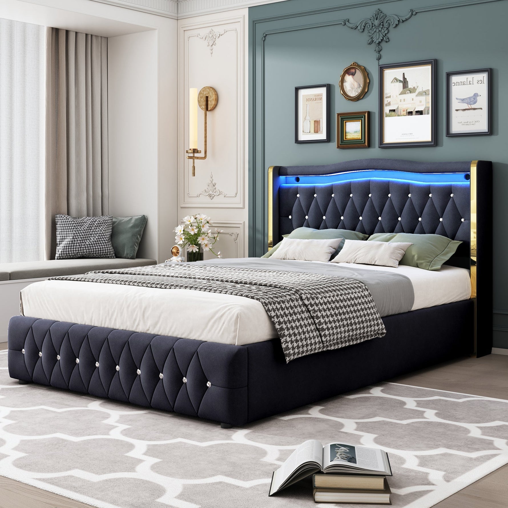 Upholstered Double Bed with LED Lights and Hydraulic Storage, Velvet