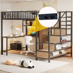 Metal Loft Bed 140x200cm Desk Wardrobe Drawers Storage Ladder LED Charging Black