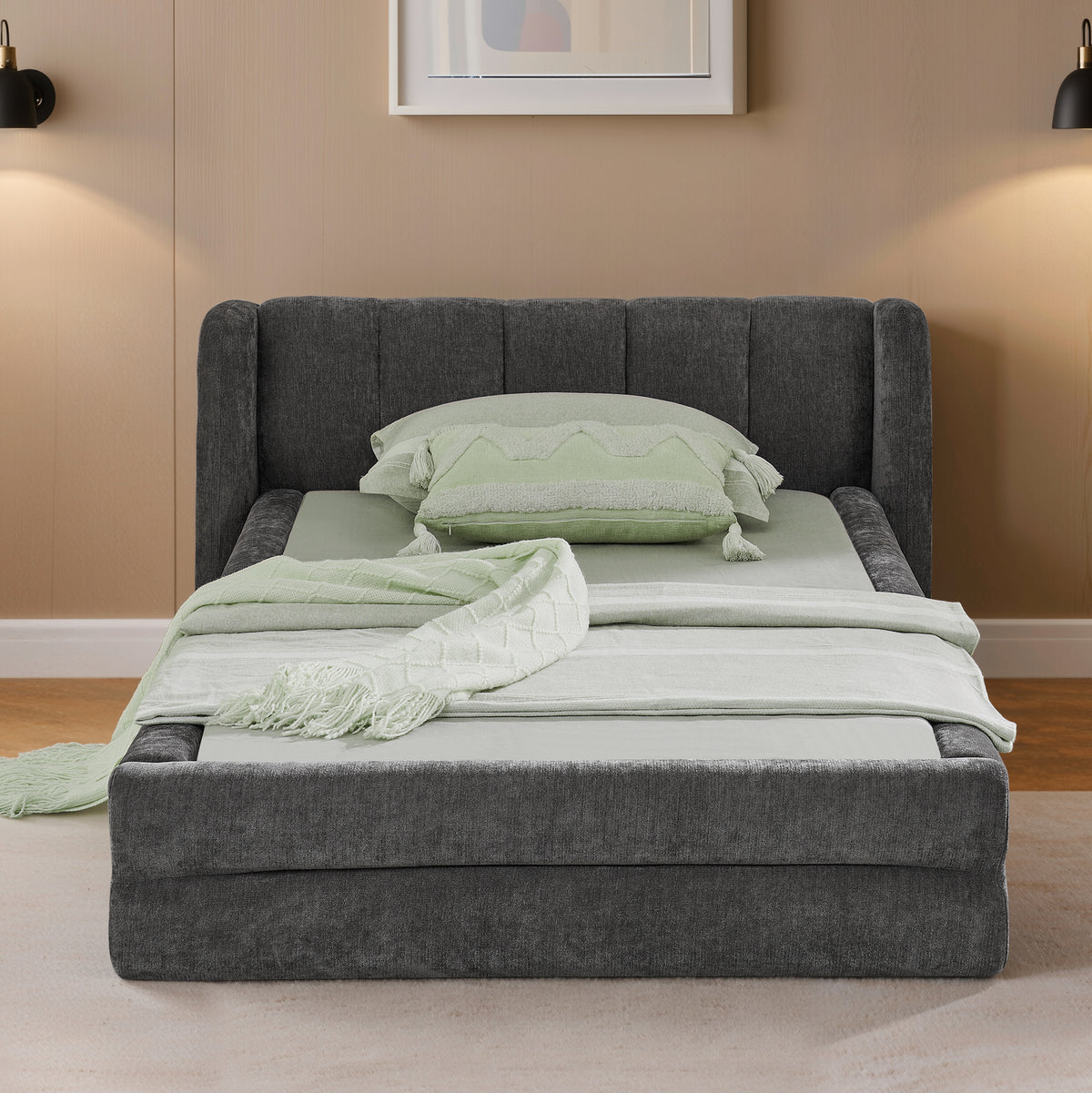 Single Bed 90x200 cm with Backrest, Dark Grey Chenille
