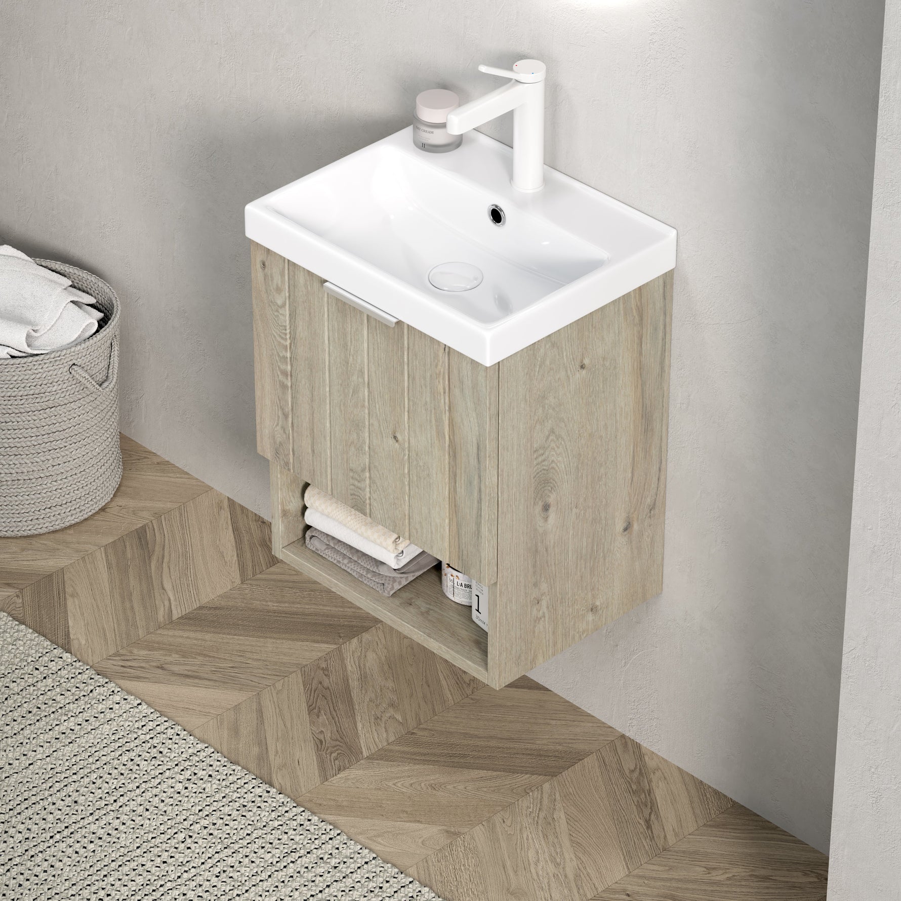 Bathroom Vanity Unit with Ceramic Sink and Open Shelf, Oak Cream Wood Grain