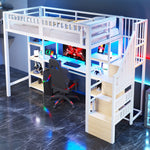 Loft Bed with Desk, Storage Ladder and LED Light Strip, White Metal Frame