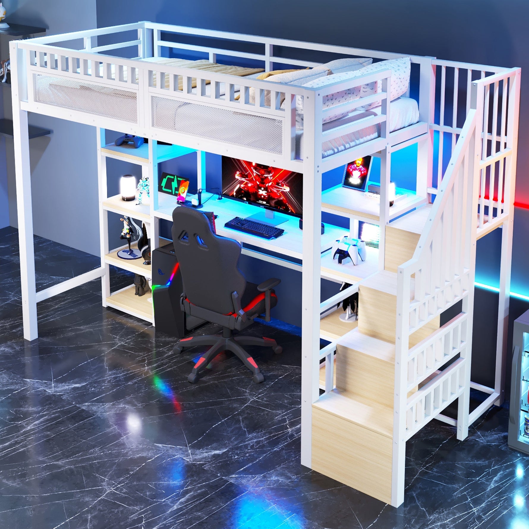 Loft Bed with Desk, Storage Ladder and LED Light Strip, White Metal Frame