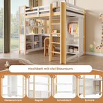 Loft Bed 140x200cm with Storage, Desk & Wardrobe, Natural