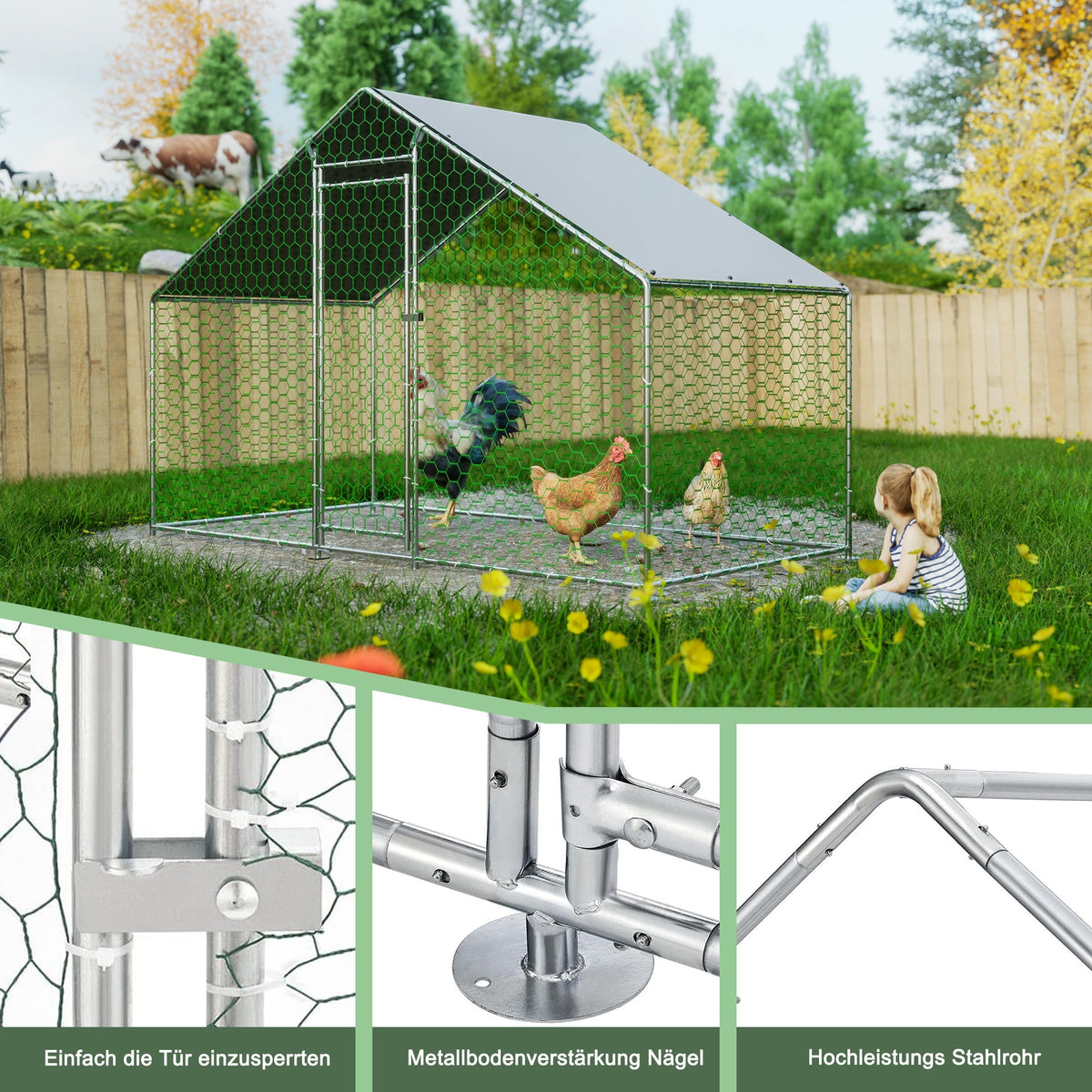 Chicken Coop/Run 3x1.5x2m Safety Lock Waterproof Enclosure, Metal
