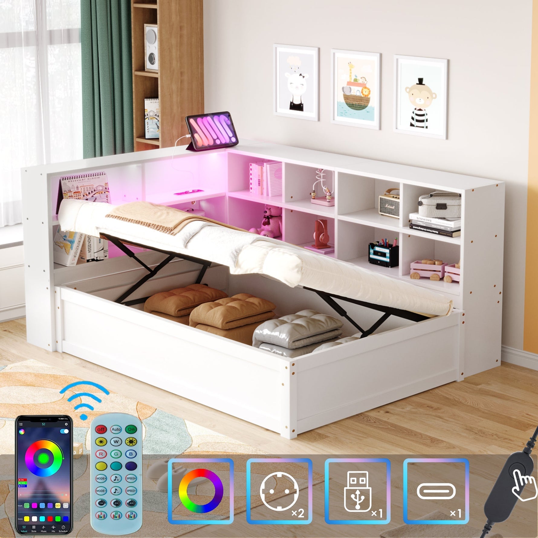 Sofa Bed, 90x200 Multifunctional with Sockets, Storage, Light Bar, Hydraulic, Solid Wood, White