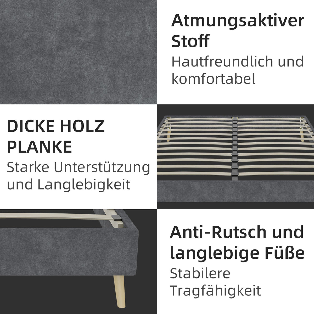 Modern Minimalist Bed Frame, 160x200 cm Low-Profile, Grey Dutch Velvet Fabric