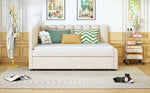 L-shaped Upholstered Bed, Sofa Bed 140x200 cm, Floral Backrest, Pull-Out Bed, Beige Velvet