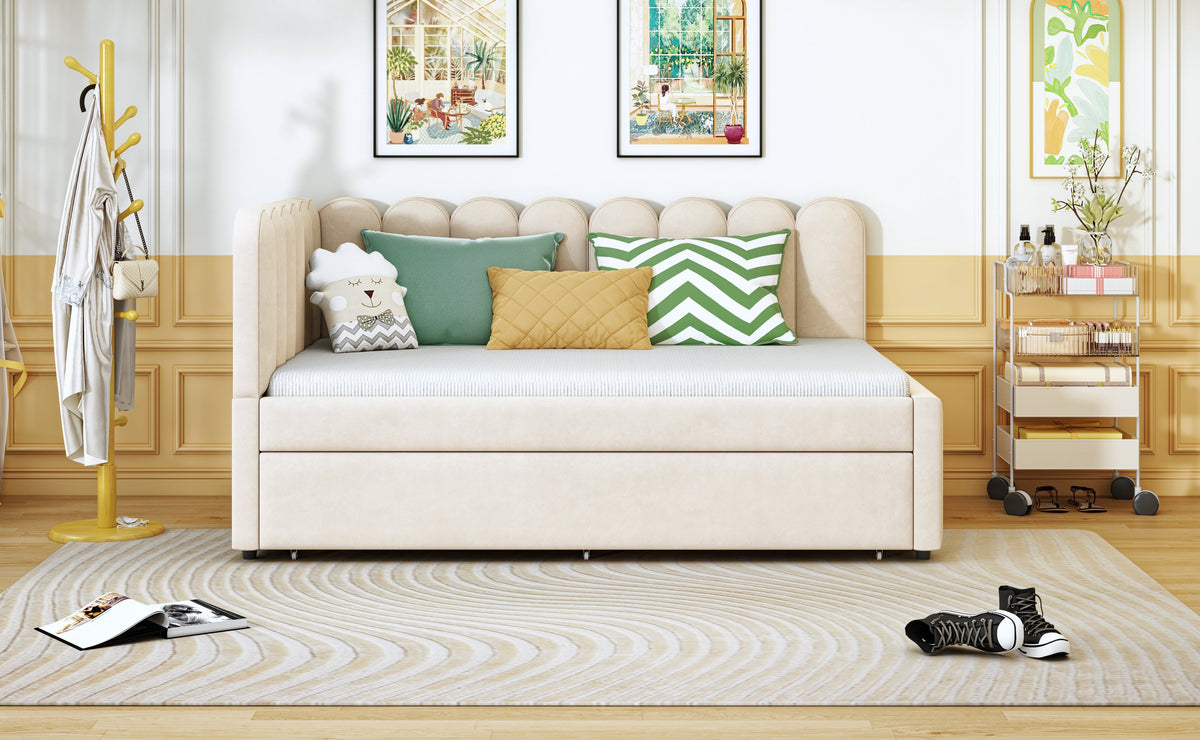 L-shaped Upholstered Bed, Sofa Bed 140x200 cm, Floral Backrest, Pull-Out Bed, Beige Velvet