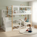 Bunk Bed with Adjustable Table, Bookshelf and Storage Stairs, 90x200cm, White and Natural Pine + MDF