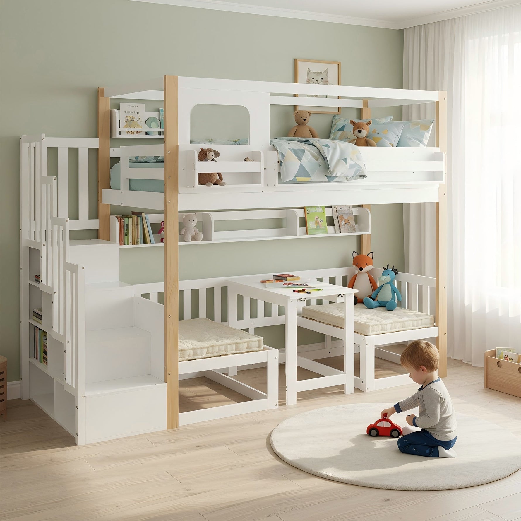 Bunk Bed with Adjustable Table, Bookshelf and Storage Stairs, 90x200cm, White and Natural Pine + MDF