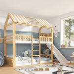 Children's Bunk Bed with Gable Roof, Shelf and 35cm Slide, 90x200cm, White and Natural Wood