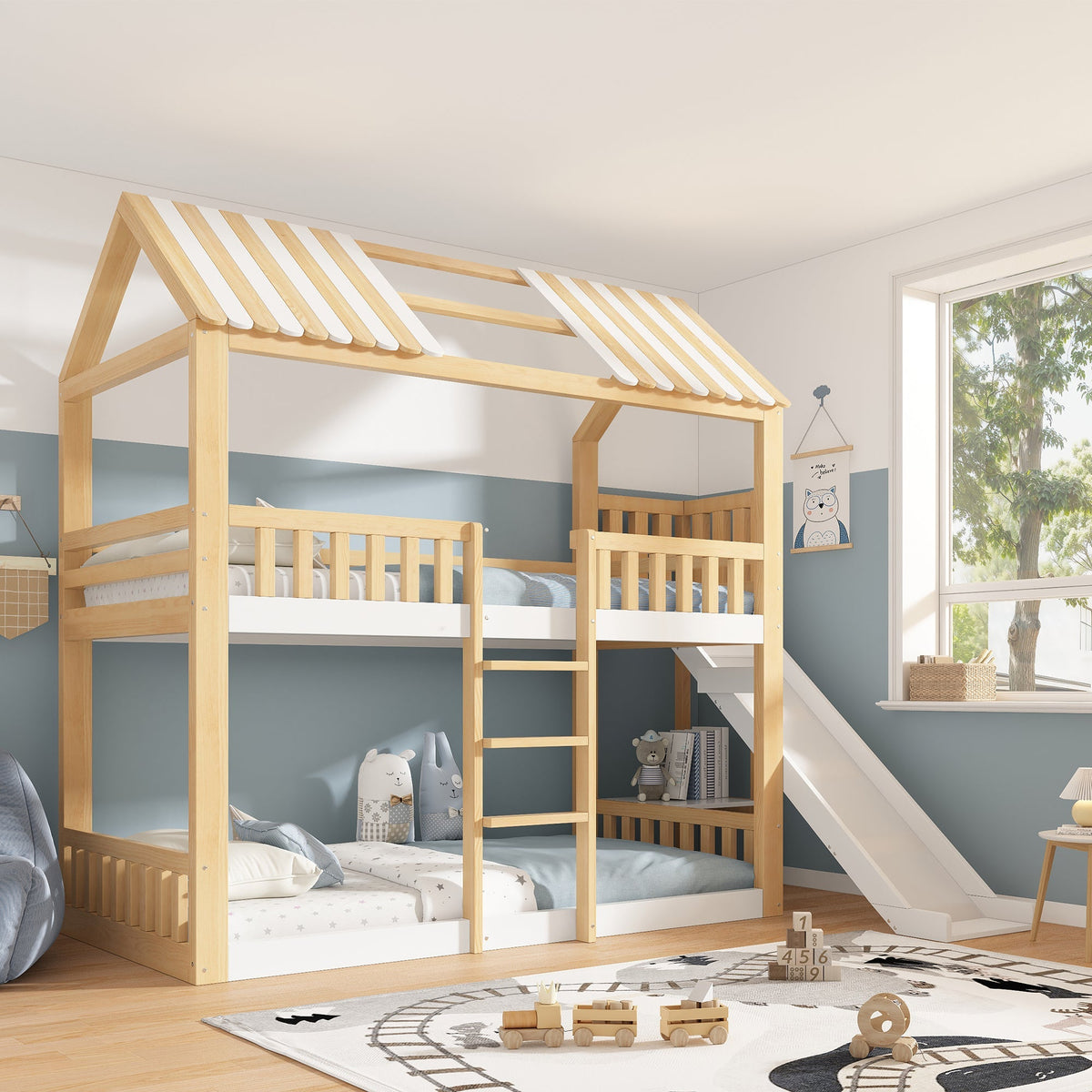 Children's Bunk Bed with Gable Roof, Shelf and 35cm Slide, 90x200cm, White and Natural Wood