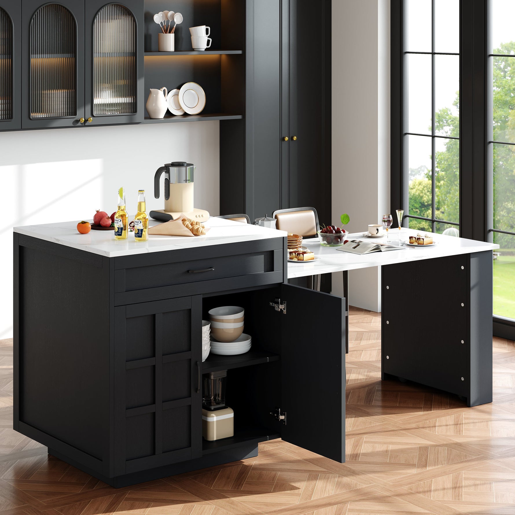 Extendable Bar Table Kitchen Island with Storage, 2 Drawers & Shelves - Black