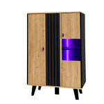 Sideboard, Display Cabinet with Glass and LED Lighting, Black and Wood