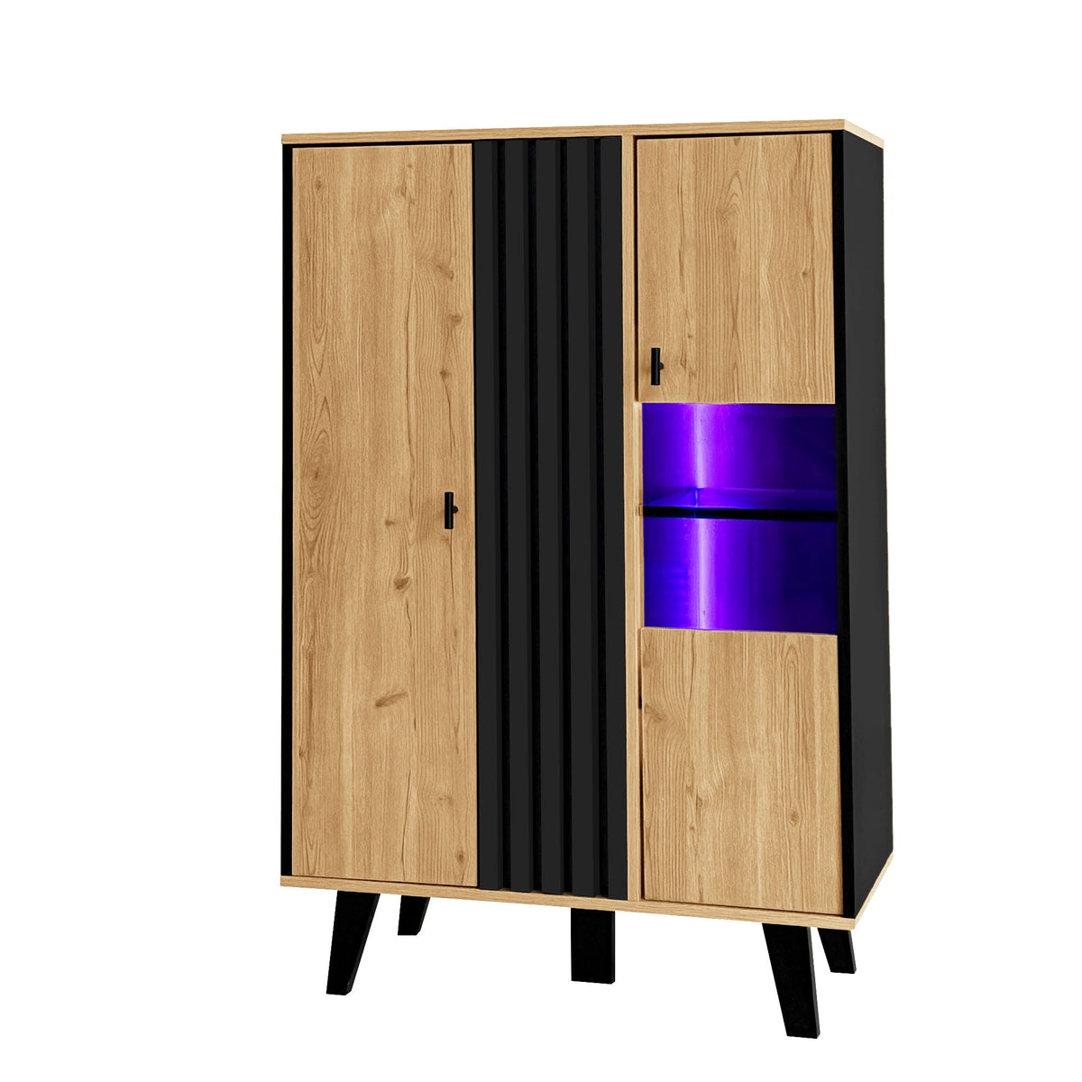 Sideboard, Display Cabinet with Glass and LED Lighting, Black and Wood