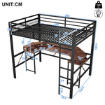 Loft Bed with Desk, LED Lights, Pegboard and Charging Ports, Black Iron Frame