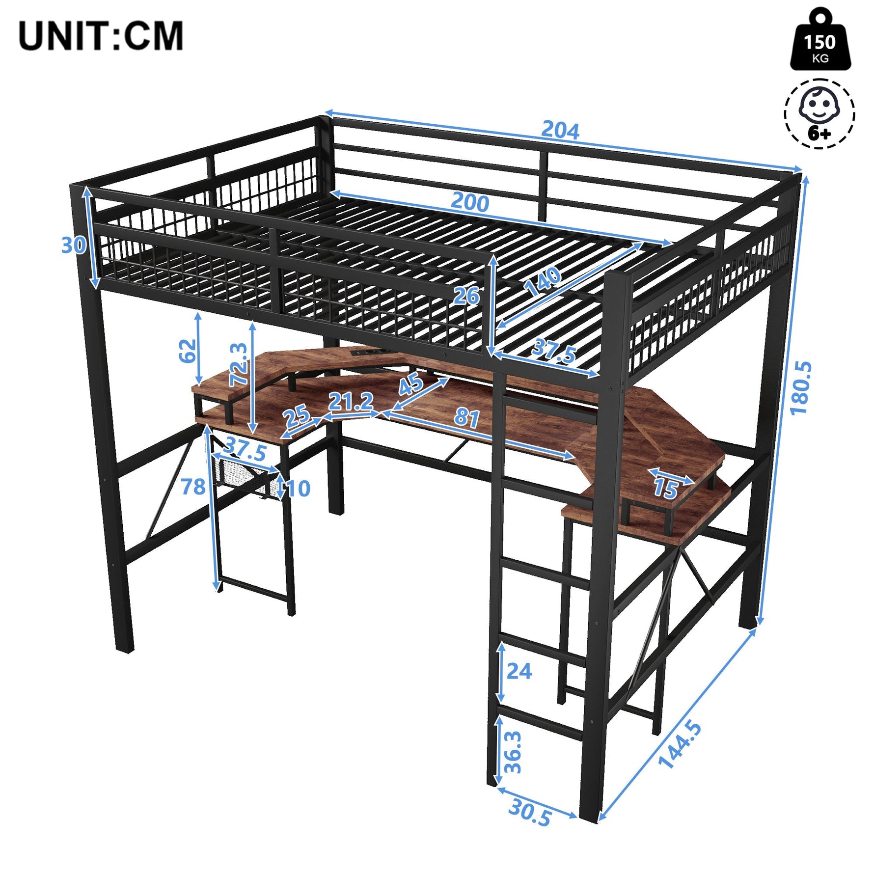 Loft Bed with Desk, LED Lights, Pegboard and Charging Ports, Black Iron Frame