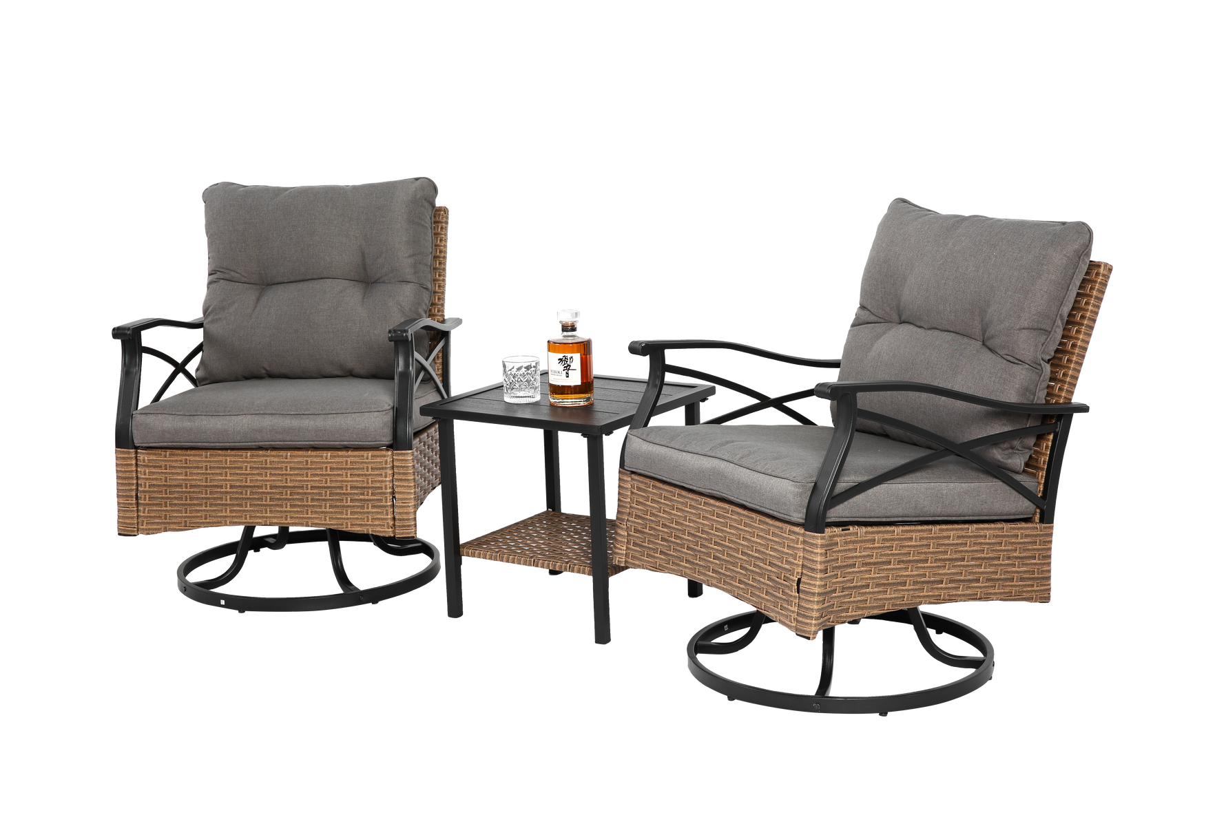 Outdoor Swivel Rocking Chair Set, 3 Pieces with 1 Table and 2 Chairs, 350lb Support, Brown Wicker