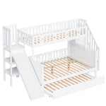 Children's Bed, Bunk with Slide, Shelf, Trundle & Slatted Frame, Solid Wood, White