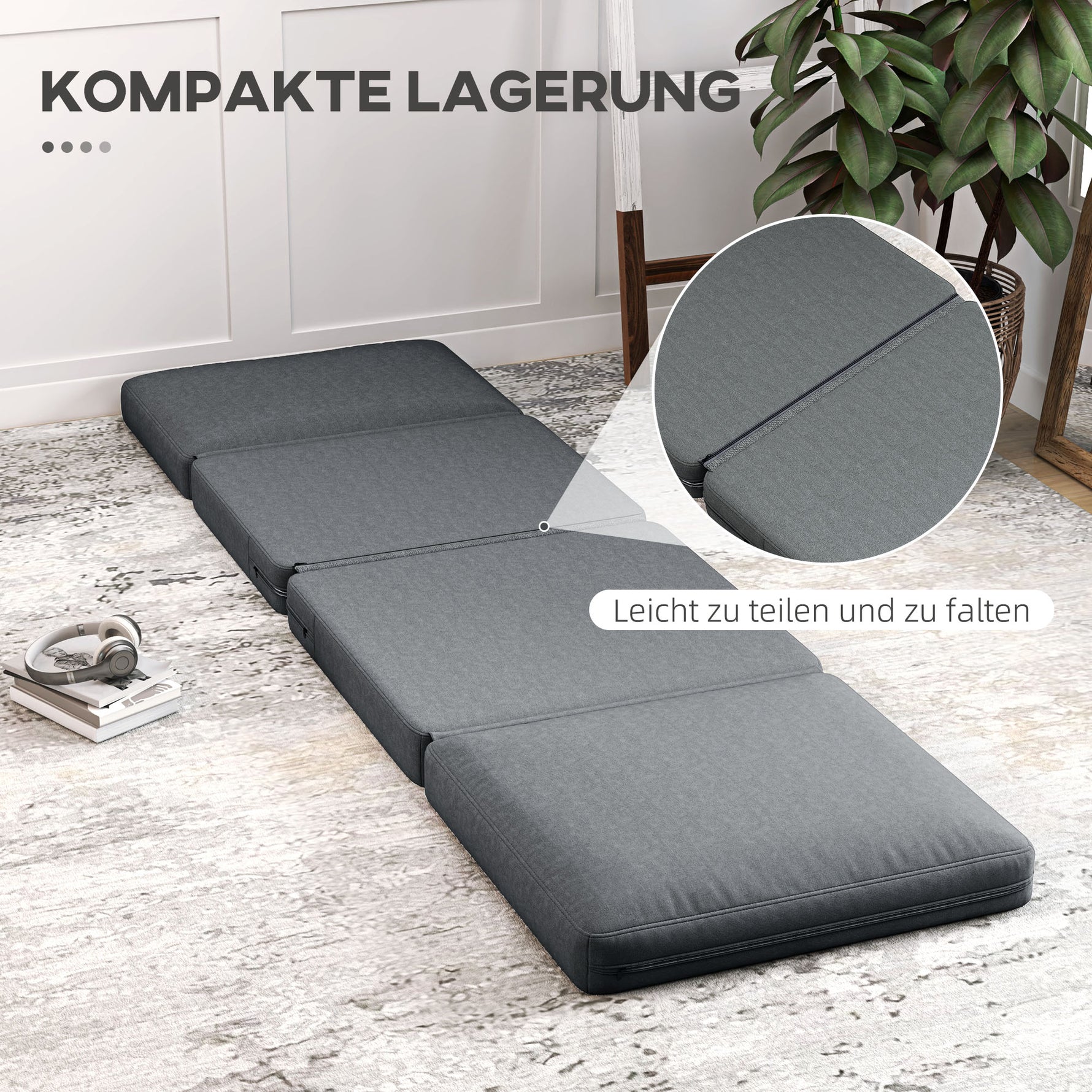 Folding Sofa Bed, 3-in-1 Velvet, Storage Space, Dark Grey