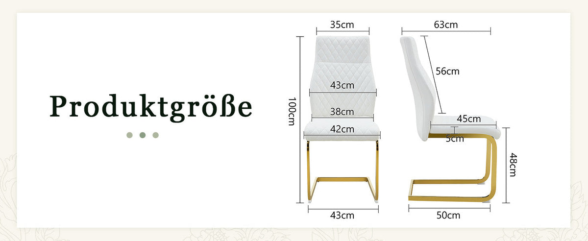 Dining Chair Set of 2, High Backrest and Padded Cushion with Diamond Pattern, White and Gold Metal