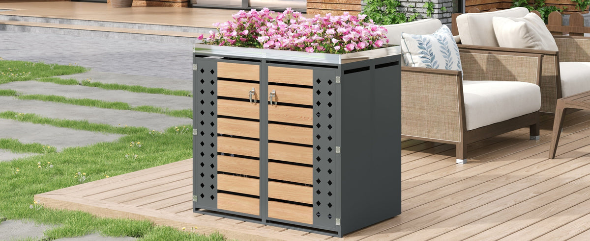 Garbage Can Enclosure with Planting Area and Lockable Dual Doors, Horizontal Wood Grain Panels