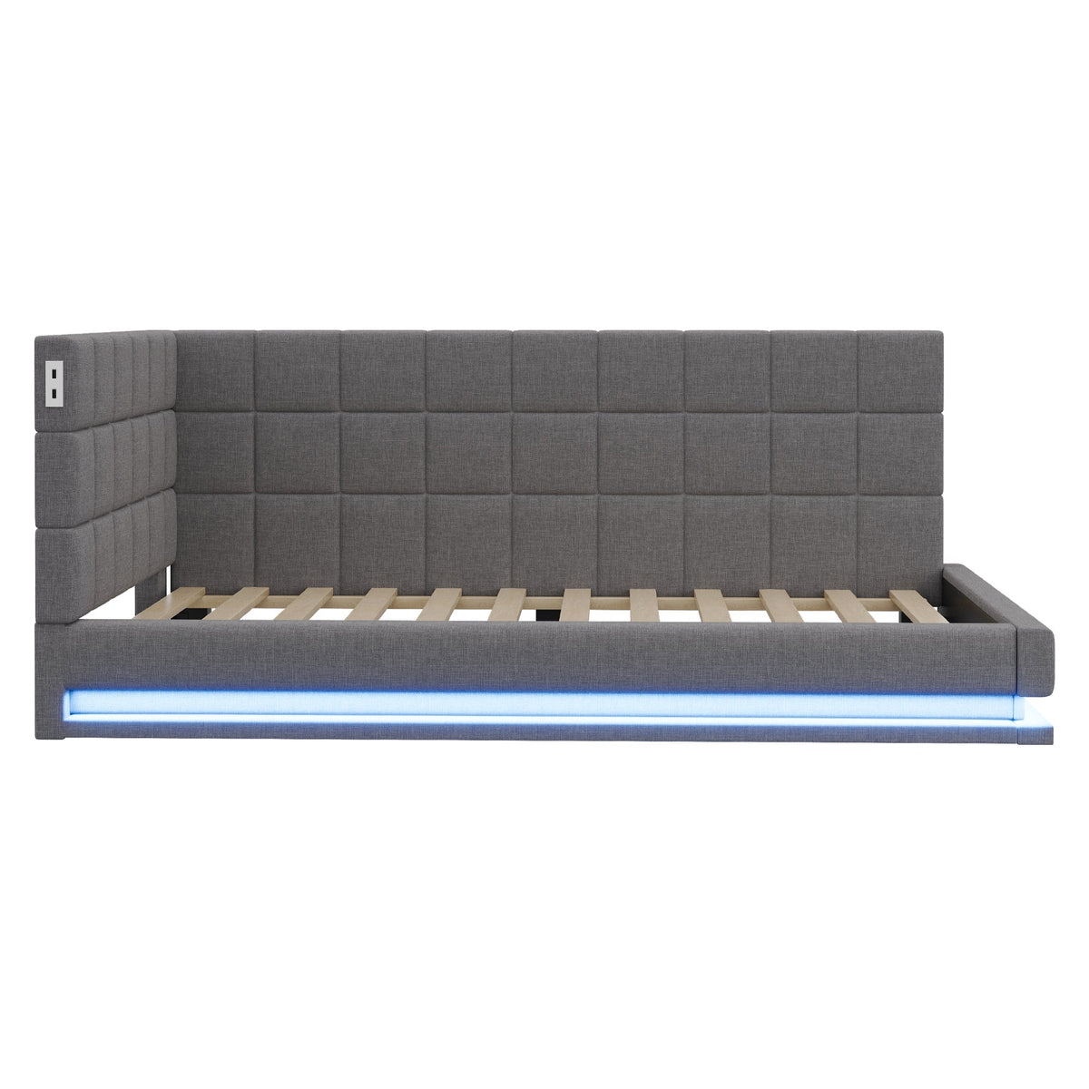 Upholstered Bed Sofa, 90x200 Multifunctional with LED & USB, Linen Fabric Grey