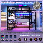 Loft Bed with Storage, Net, Clothes Rail and LED Light Strip, Iron Frame, Black