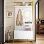Wardrobe, Compact Multifunctional Storage with Mirror, Hooks & Shoe Bench