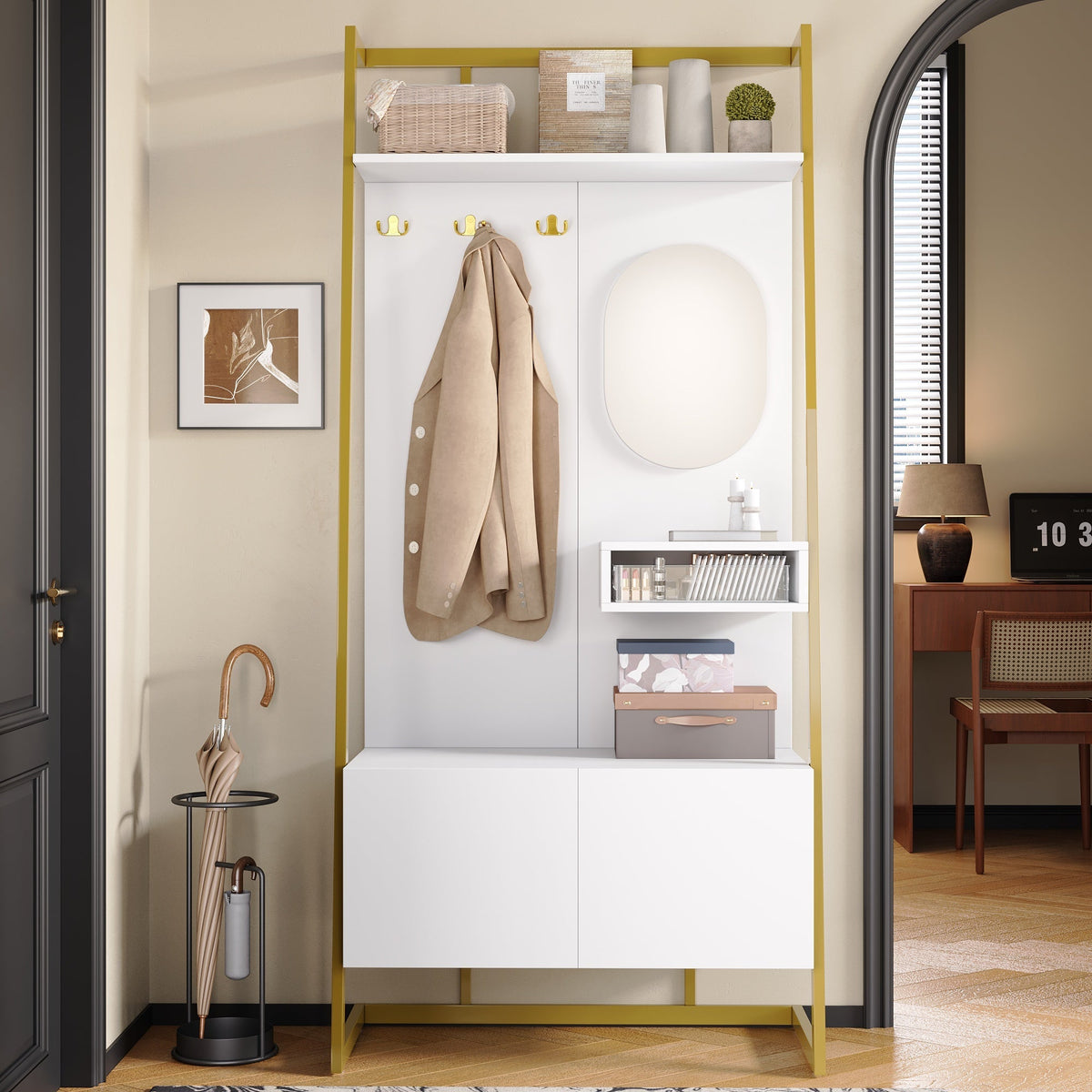 Wardrobe, Compact Multifunctional Storage with Mirror, Hooks & Shoe Bench